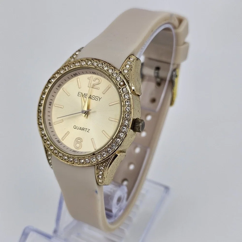Embassy Women's Watch 34MM Gold Dial Cream Plastic Bands New Battery‎